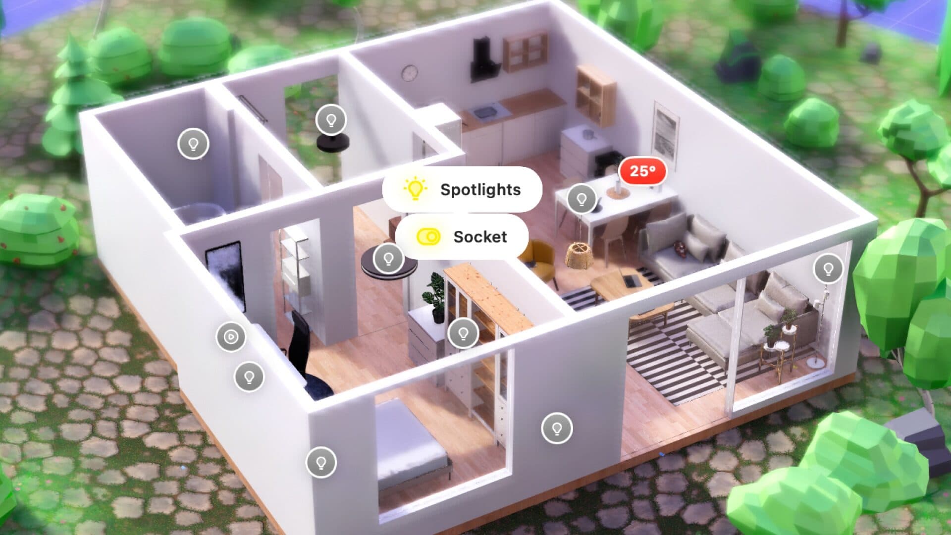 A scanned apartment in Vulpo Lumen with linked lights, sockets and a temperature sensor