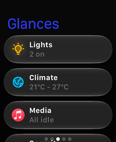 Vulpo on Apple Watch: Glances page with lights, climate and media summaries