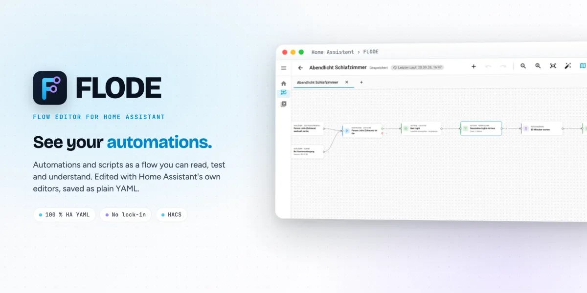 FLODE: See your automations. The editor inside Home Assistant with a flow of two triggers, a condition and actions.