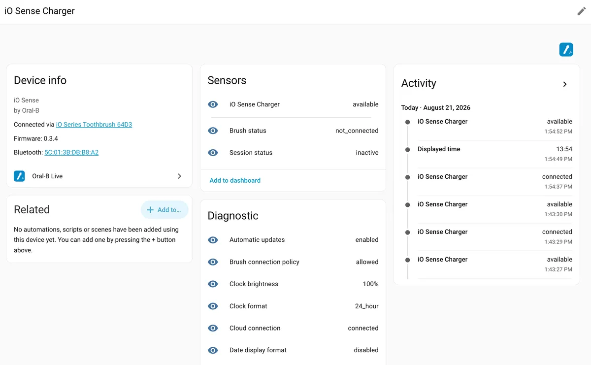 Oral-B Live iO Sense charger device page in Home Assistant