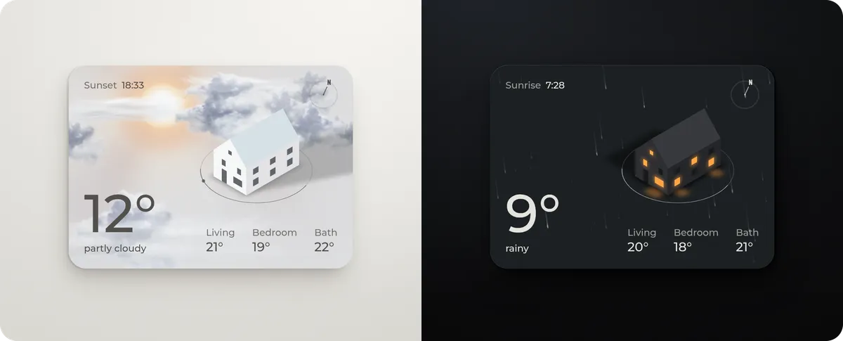 Origami Weather on a phone dashboard, in light and dark mode