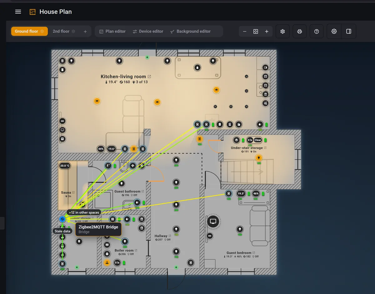 House Plan with rooms, devices and Zigbee network connections