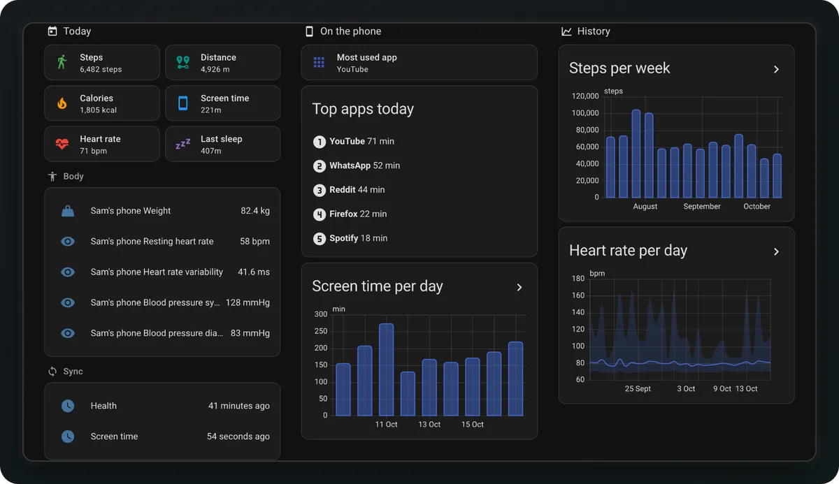 The integration's example dashboard: today's steps, distance, calories, screen time, heart rate and sleep, weight, resting heart rate and blood pressure, the top apps of the day, and charts of screen time and history