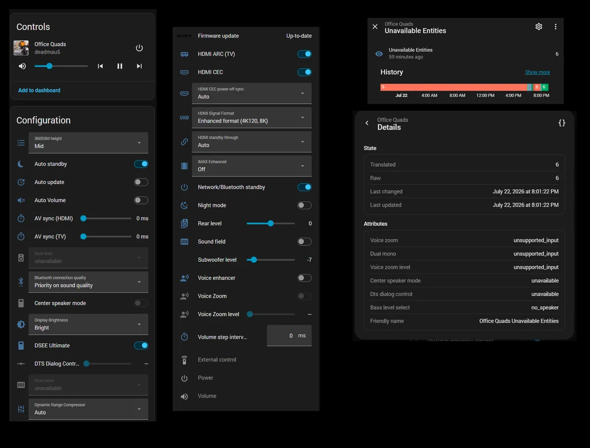 Bravia Theatre configuration controls and diagnostics in Home Assistant