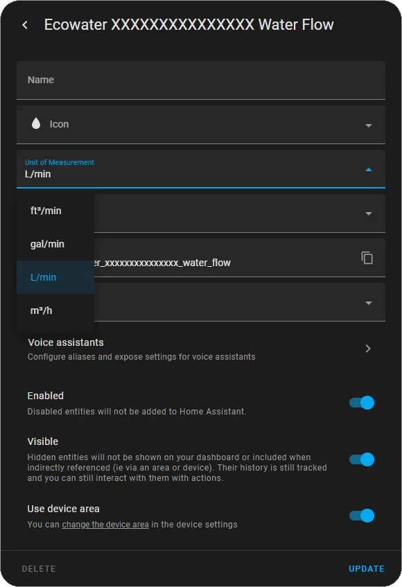 Entity more info settings dialog