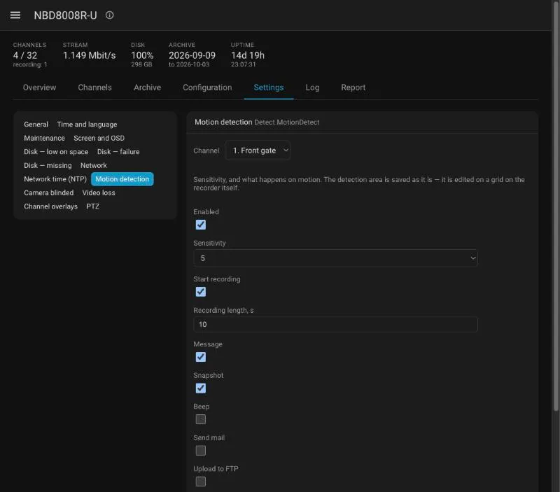 The settings editor showing motion detection for one channel