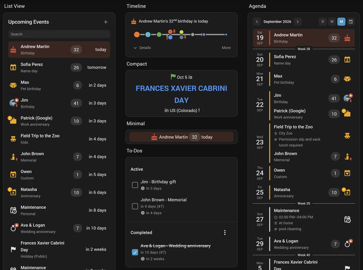 Six readings of the same events side by side: the list with its search field, the Timeline, a Compact one-line card, the Minimal row, the to-dos it tracks, and an Agenda whose calendar navigation bar stands over one date block per day
