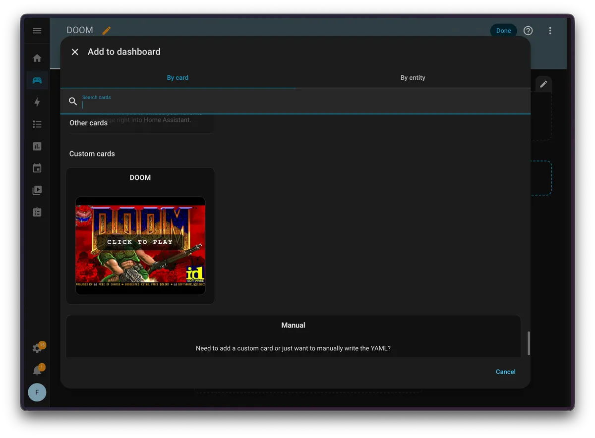 Screenshot of the "Add card" dialog showing the DOOM card