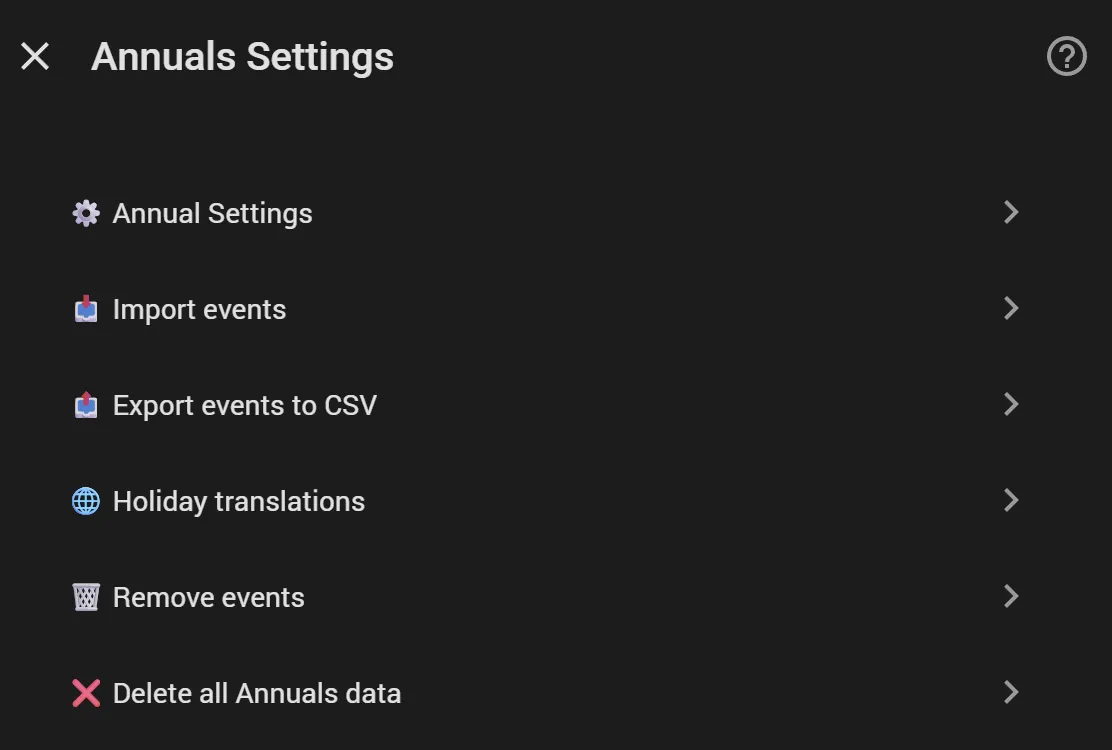 Annuals Settings hub menu