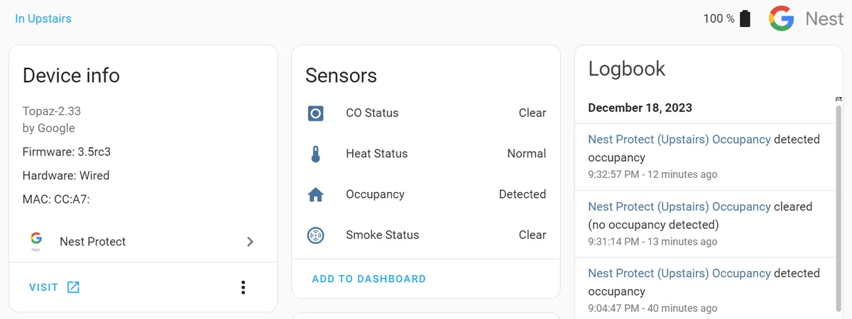 Detail page of a Nest Protect device