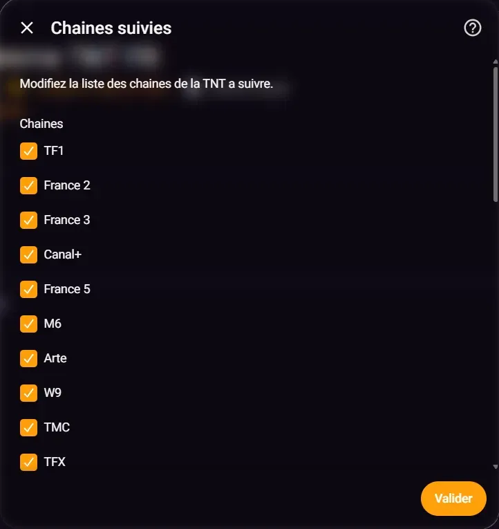 Ecran de configuration des chaines suivies