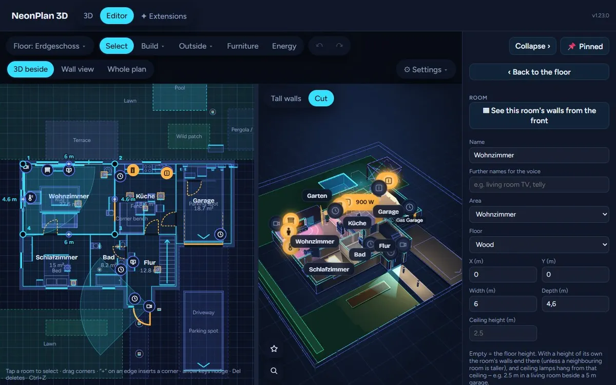Draw rooms with the 3D view beside the plan