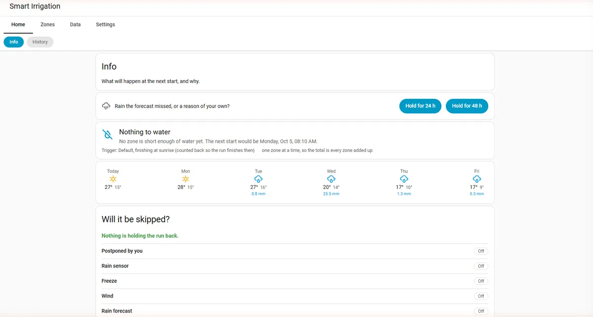 Info page: the next run and whether it will be skipped
