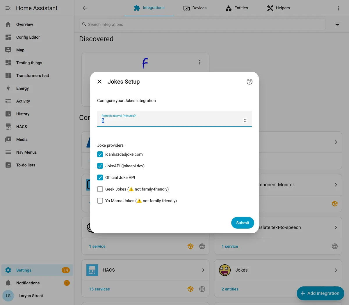 Jokes setup dialog — choosing joke providers, with Geek Jokes and Yo Mama marked not family-friendly and off by default