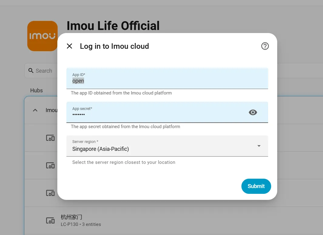 Imou Life login — App ID, App Secret, and server region