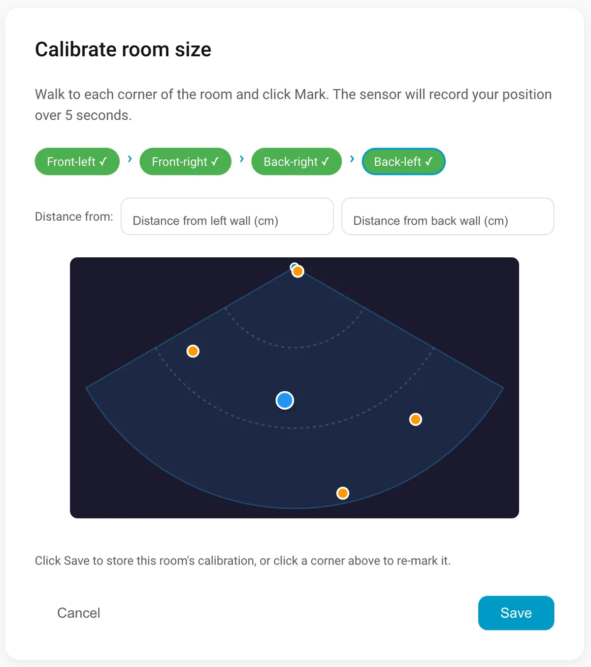 Calibration wizard capturing the four corners of a room.