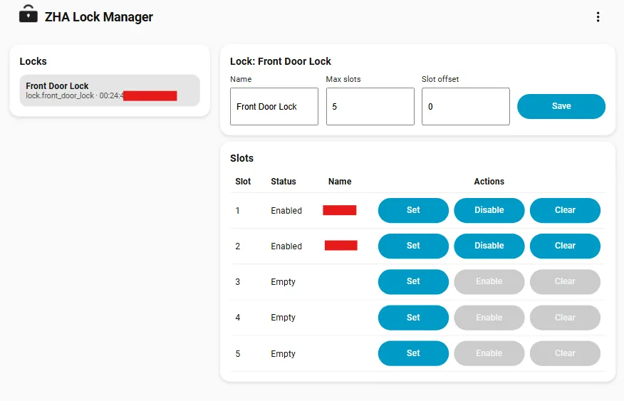 Zigbee Locks side panel screenshot