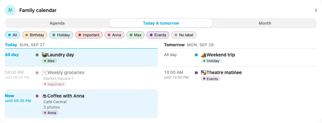 TimeTree card in Home Assistant: today & tomorrow