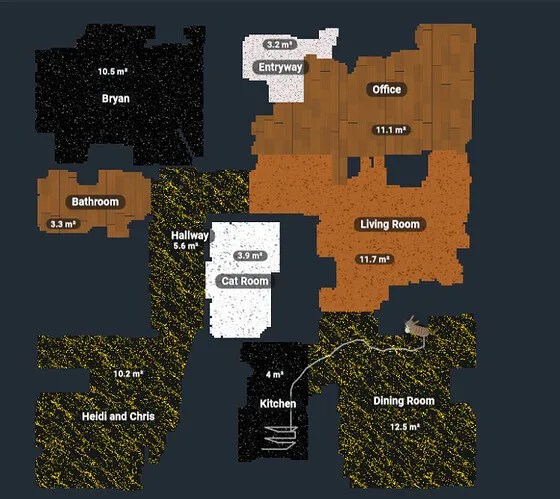 Vacuum Agent — a real home's map with every room painted in its own floor material, robot mid-clean