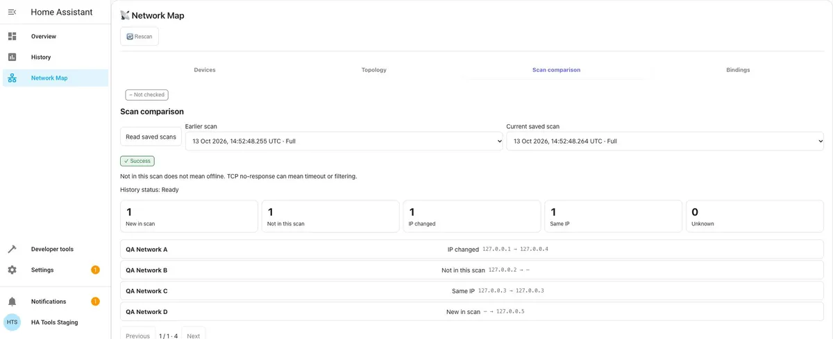 Saved scan comparison: new device, absence and an IP change, English light theme