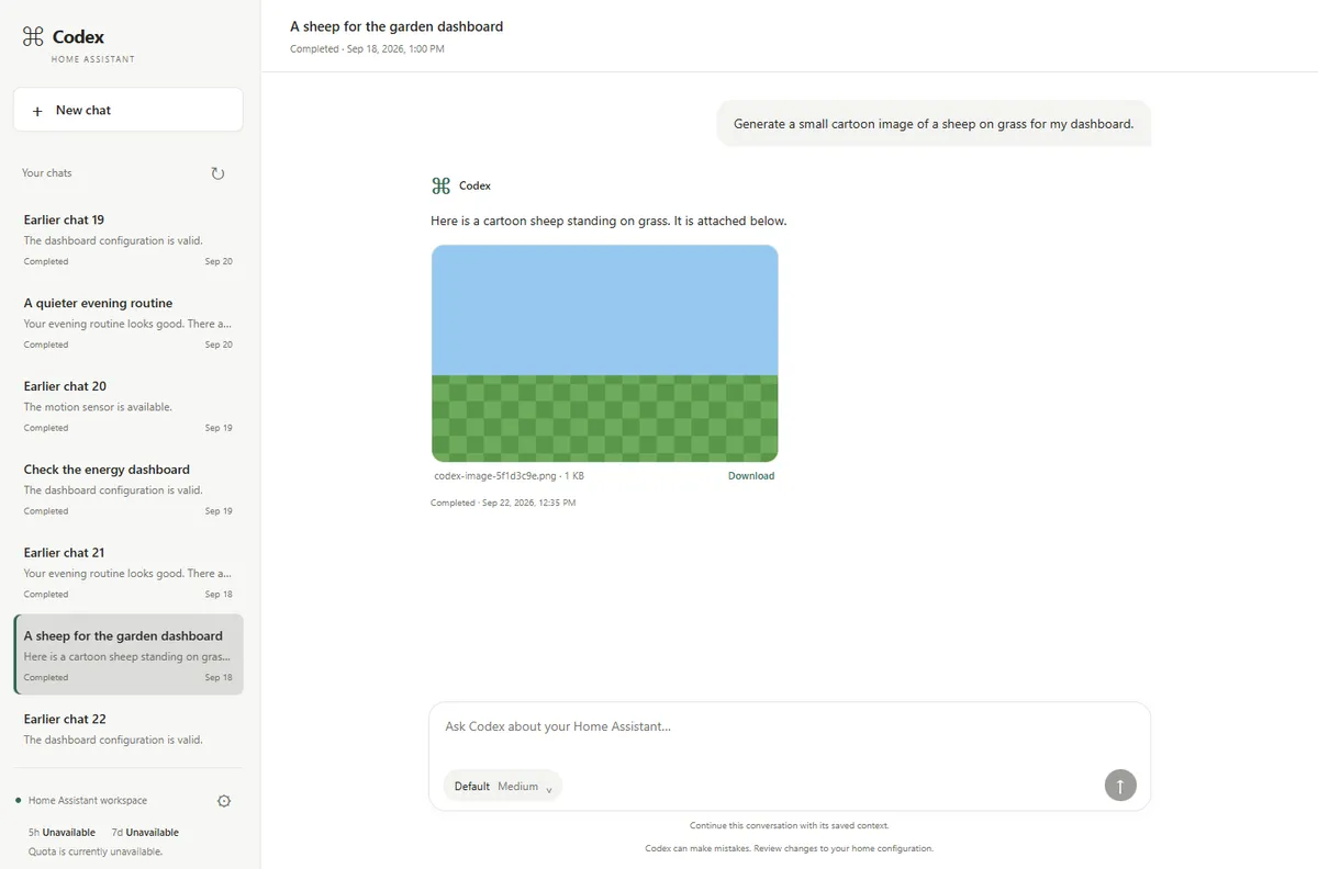 Desktop chat UI showing an image generated by Codex under its response, with a download link