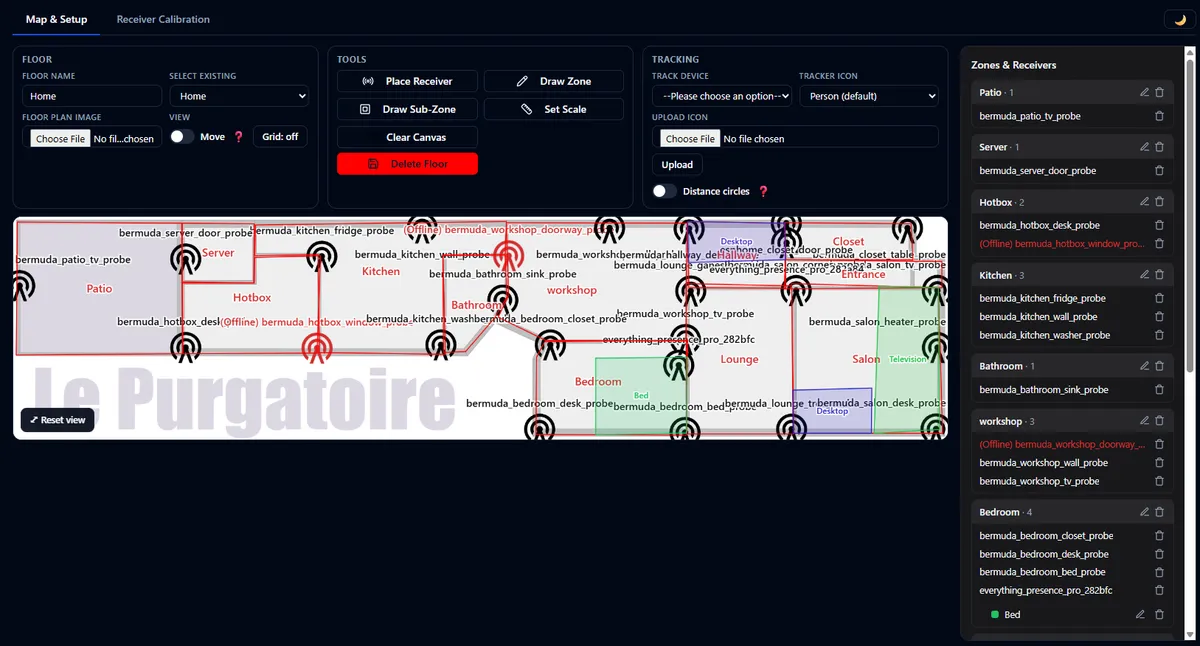 The Map & Setup tab: dark theme, grouped toolbar, tracking bar, zoomable map, and the zone-grouped sidebar