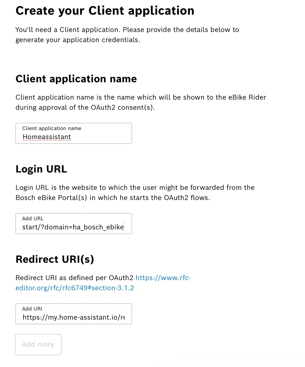 Bosch-Portal-Formular „Create your Client application" mit Login URL und Redirect URI(s)