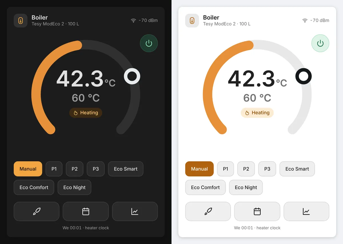 Tesy boiler card in dark and light themes