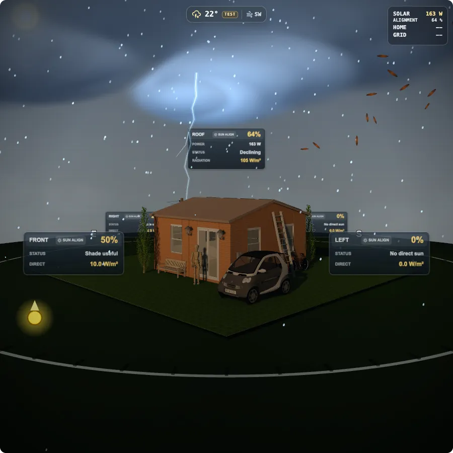 Rain falling around the bundled 3D house during a thunderstorm, with a visible lightning bolt and storm clouds