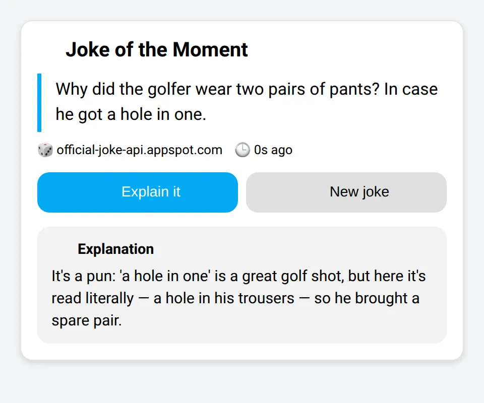custom:ha-jokes-card showing a joke, its source, Explain it and New joke buttons, and an explanation panel