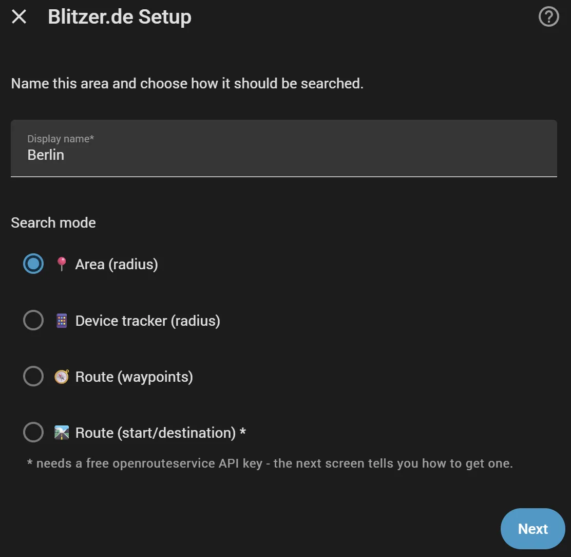 The first setup screen: the entry's name, and the choice between Area (radius), Device tracker (radius), Route (waypoints) and Route (start/destination)