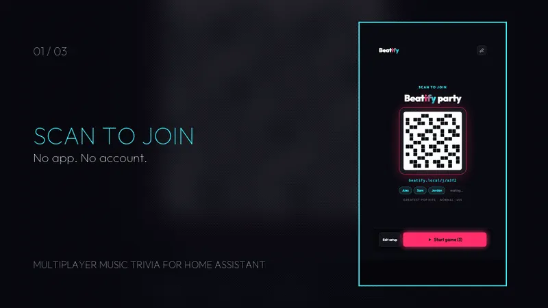 Beatify gameplay: scan a QR code to join, guess the song, and climb the final ranking