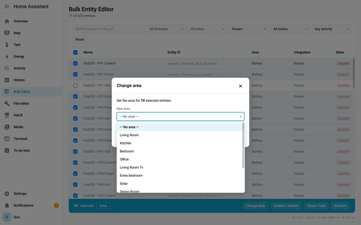 Change area dialog