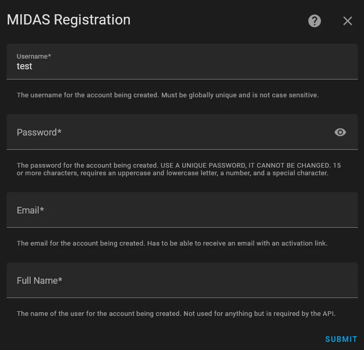 Config step 1.5: Create a MIDAS account.