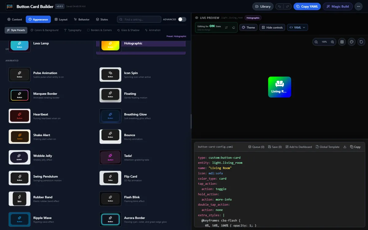 Style preset browser, live state preview, and generated YAML workspace