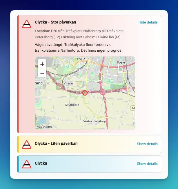 Trafikinfo SE incident card with event details