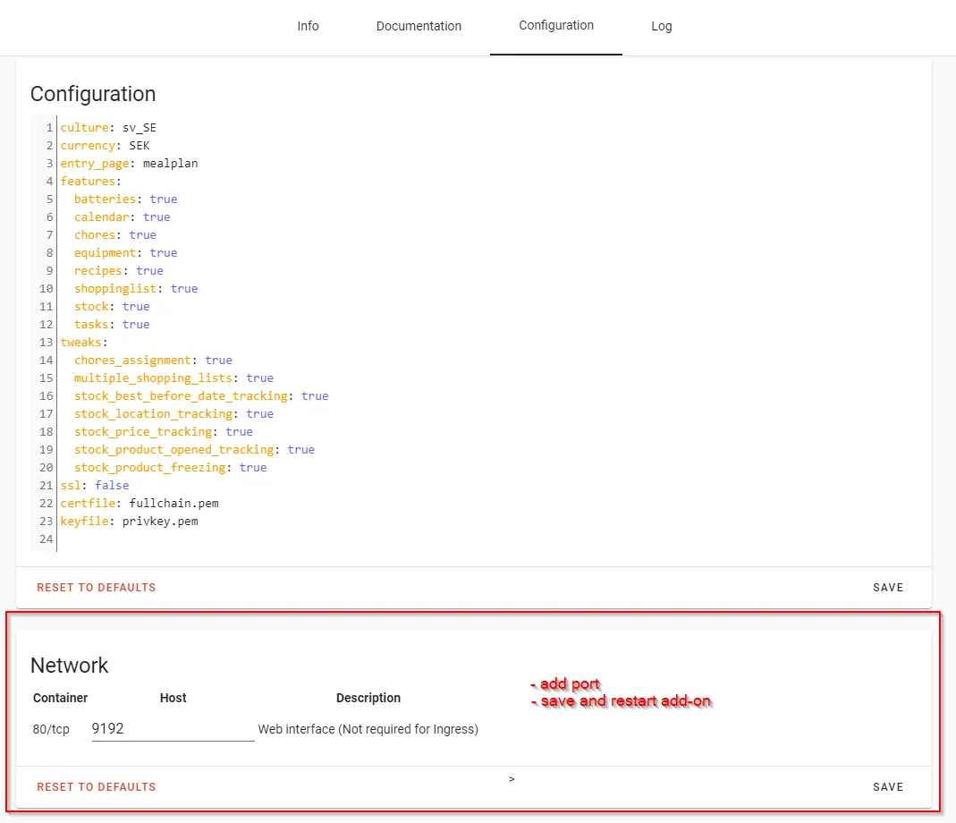 Grocy Add-on Configuration — set the Network port to 9192