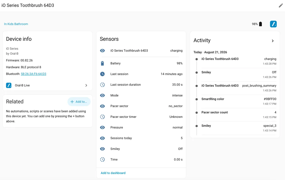 Oral-B Live toothbrush device page in Home Assistant