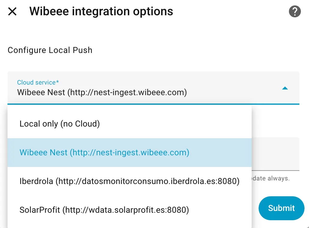 Wibeee integration cloud service dropdown