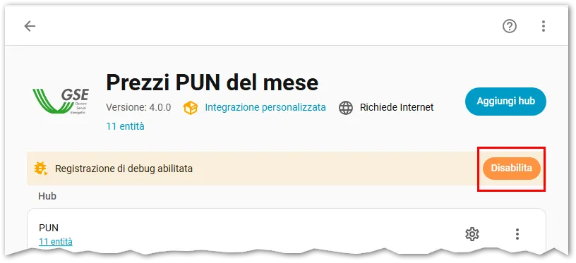 Disabilitazione log di debug