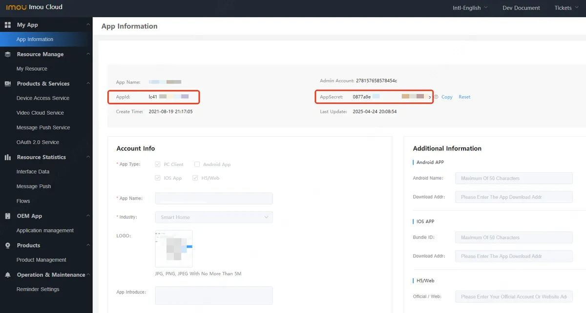 Imou Open Platform — create AppId and AppSecret