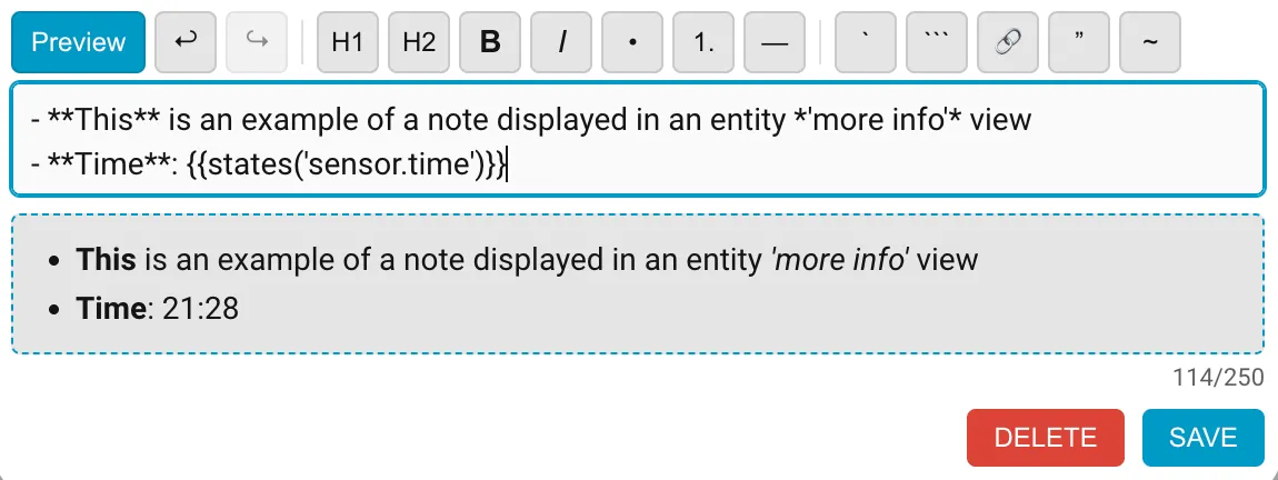 Entity Notes editor with live preview