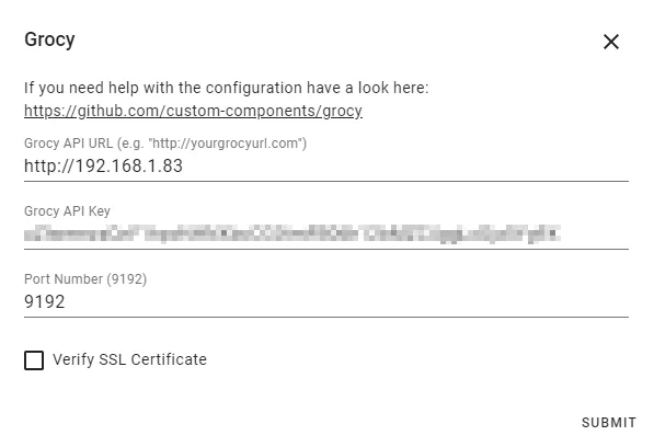 Integration Configuration — URL, API Key, Port, and SSL settings