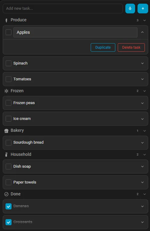 Home Tasks in dark mode