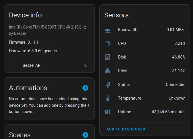 Screenshot from HomeAssistant settings page of my device and its entities