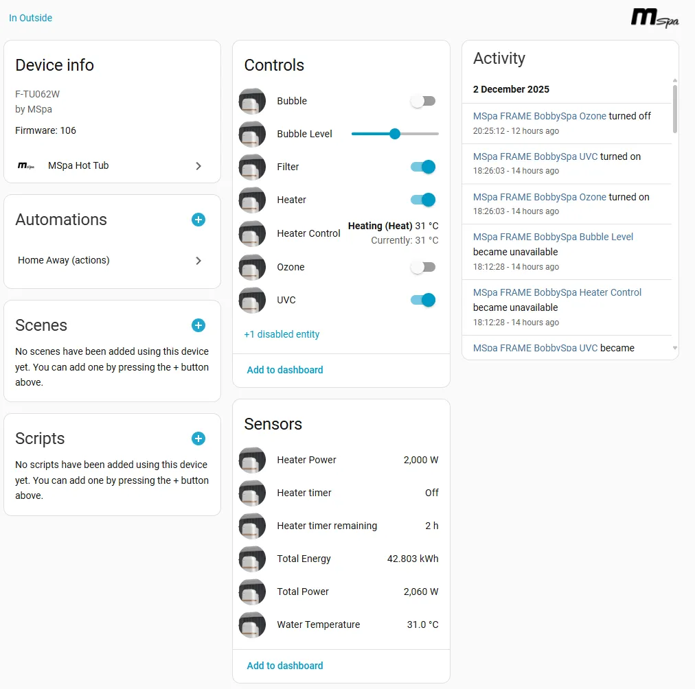 MSpa device page showing controls and sensors