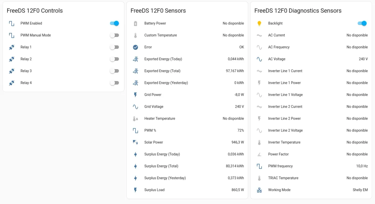 Screenshot of FreeDS sensors in Home Assistant