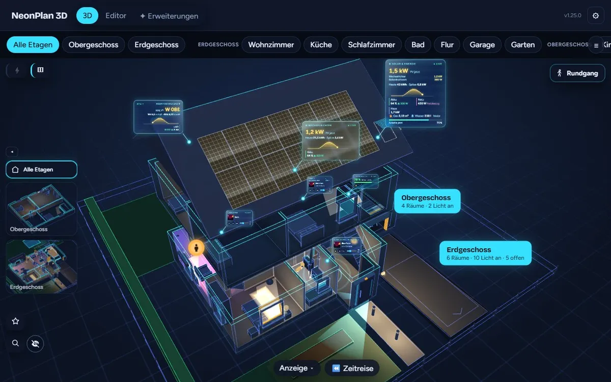 NeonPlan 3D: the whole house in neon – solar roof with live energy cards, lit rooms on two floors, garden and drive