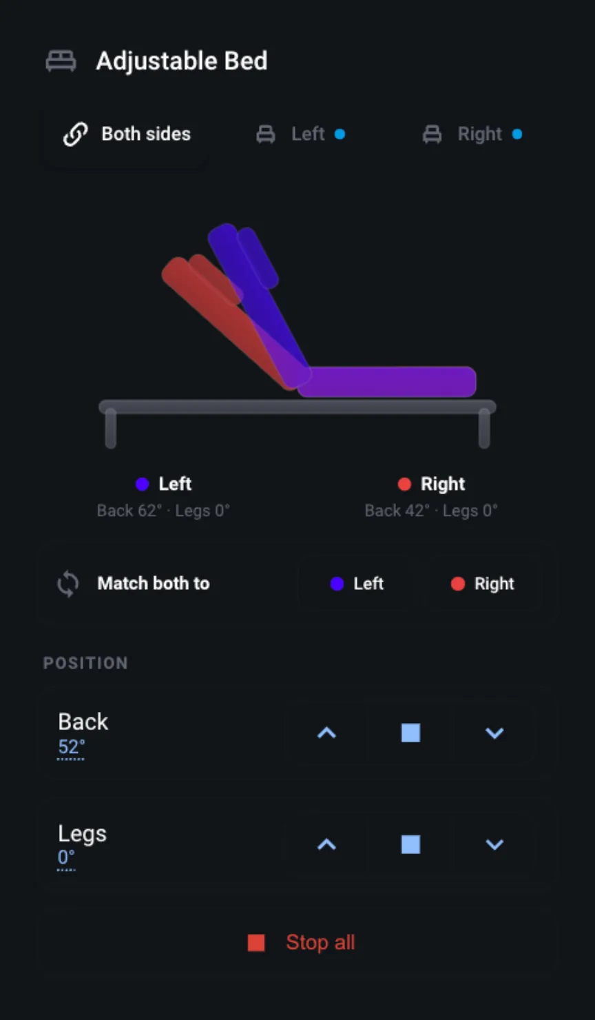Adjustable Bed v4 dashboard with independent left and right positions