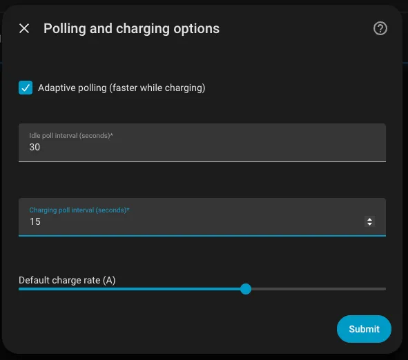 Emporia EV Charger options dialog: adaptive polling toggle, idle and charging poll intervals, and default charge rate